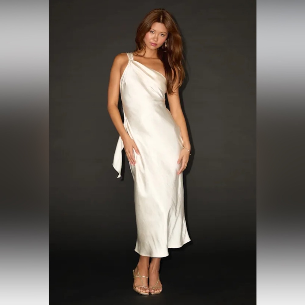 Lulu's Naima White/Ivory Satin One-Shoulder Midi Dress